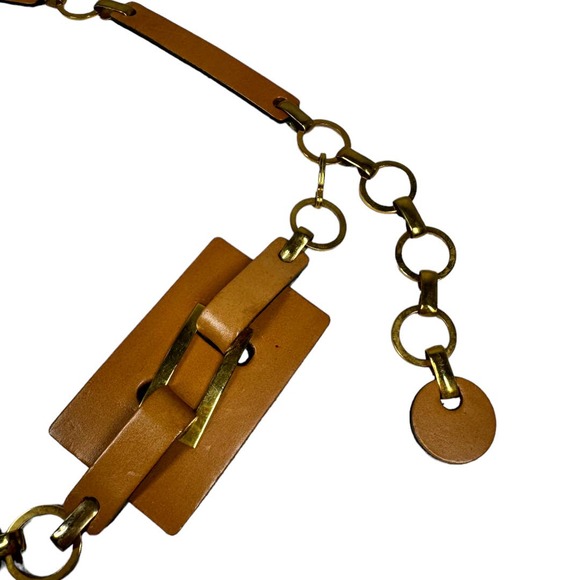 Vintage Tan Leather Chain Belt One Size Geometric Retro Hippie Boho Adjustable - Picture 3 of 5